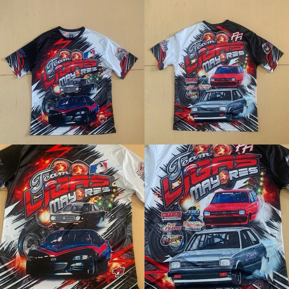Team Ligas Mayores Mens Sz L Racing Short Sleeve Jersey T-shirt Puerto Rico Flag